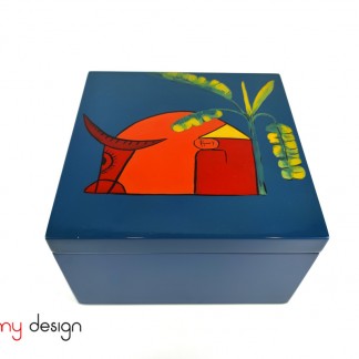 Blue square lacquer box hand painted with buffalo 20*H12 cm